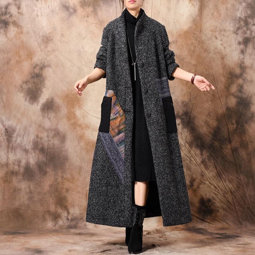 Luxury gray outwear oversized trench coat patchwork stand collar coat - Omychic