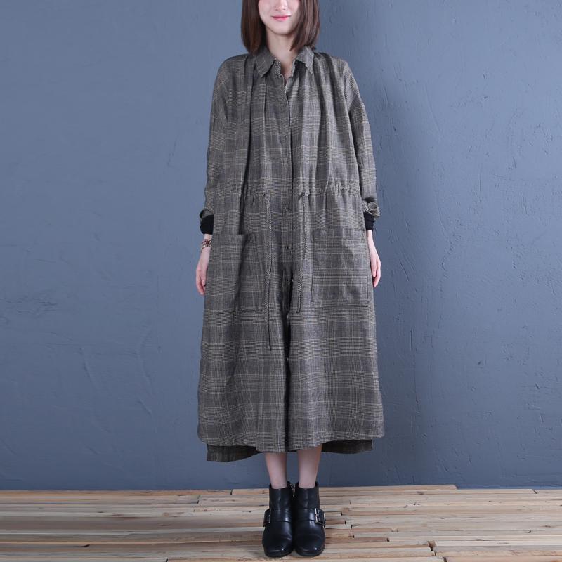 Luxury gray plaid coat oversized long coat fall outwear drawstring - Omychic