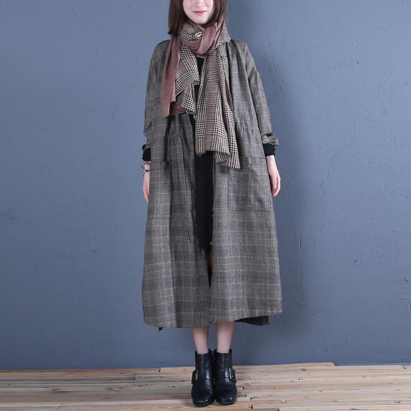 Luxury gray plaid coat oversized long coat fall outwear drawstring - Omychic