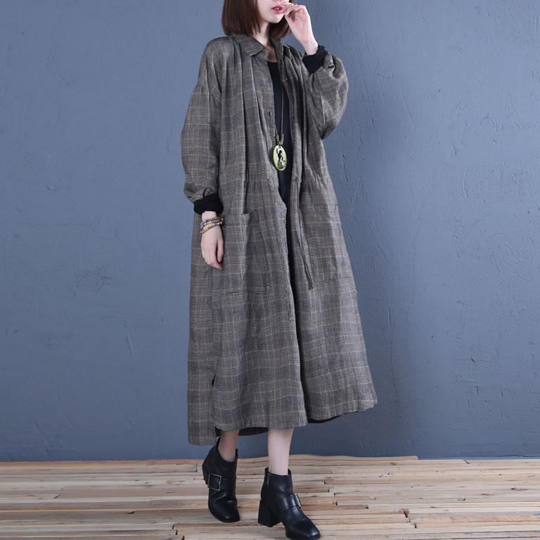 Luxury gray plaid coat oversized long coat fall outwear drawstring - Omychic