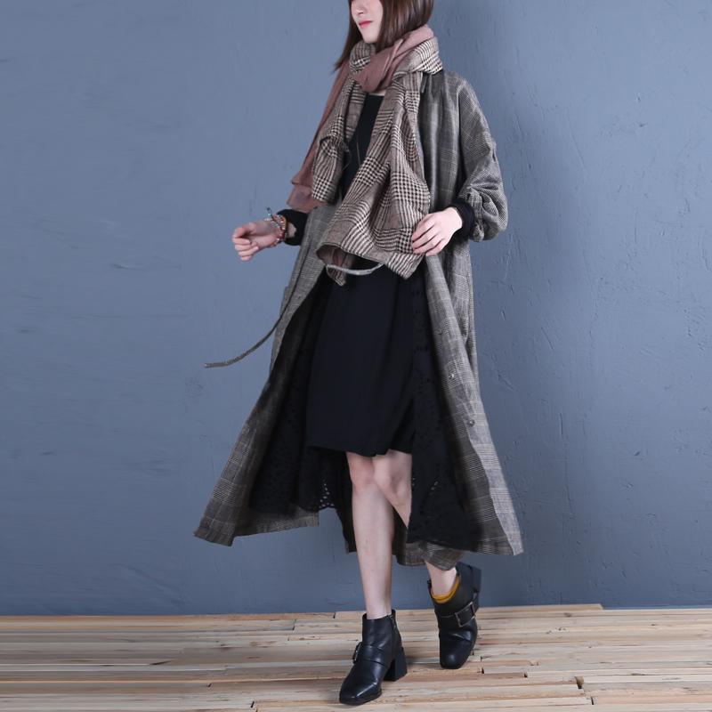 Luxury gray plaid coat oversized long coat fall outwear drawstring - Omychic