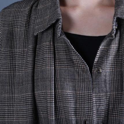 Luxury gray plaid coat oversized long coat fall outwear drawstring - Omychic