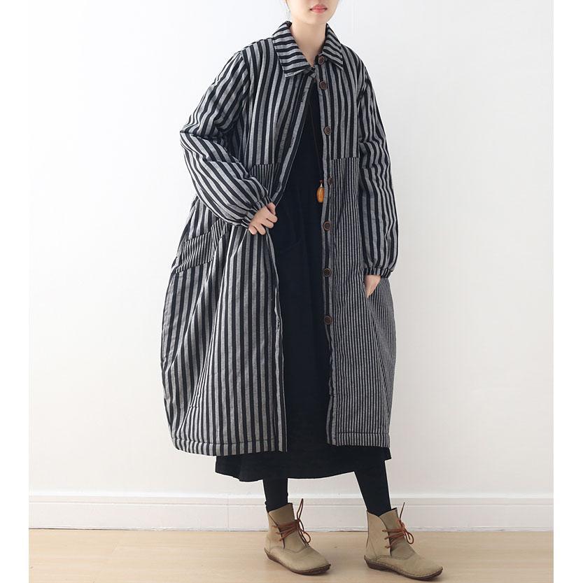 Luxury gray striped winter parkas plus size turn-down Collar winter top quality patchwork overcoat - Omychic