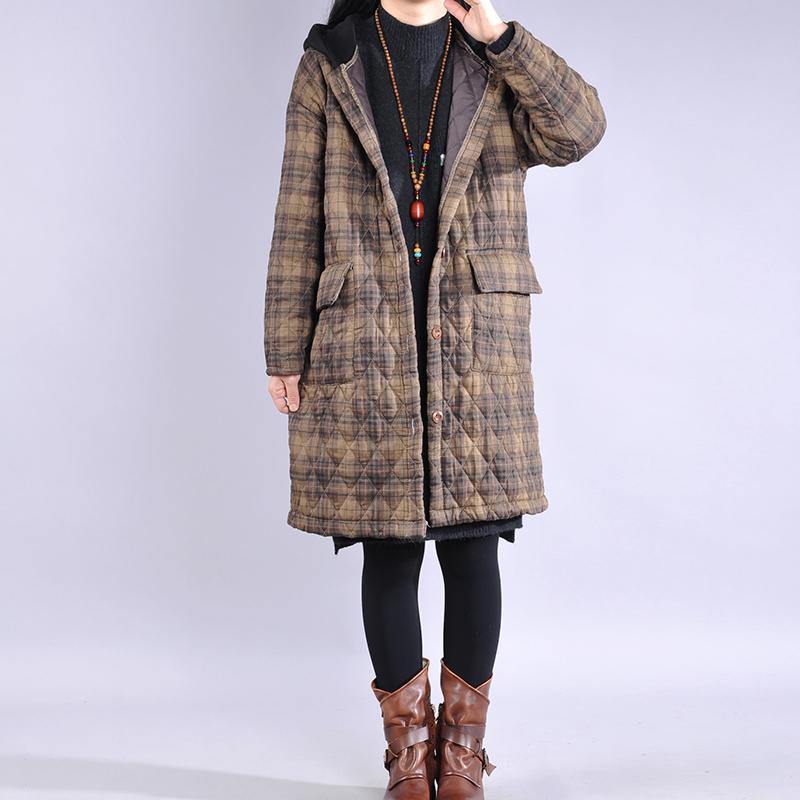 Luxury khaki plaid overcoat plus size clothing snow jackets big pockets hooded winter outwear - Omychic