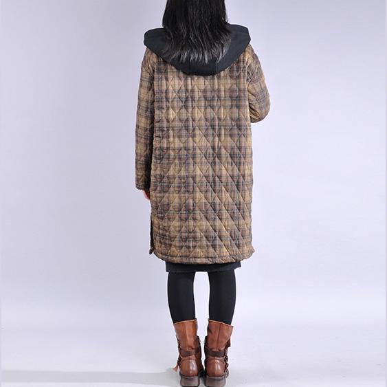 Luxury khaki plaid overcoat plus size clothing snow jackets big pockets hooded winter outwear - Omychic