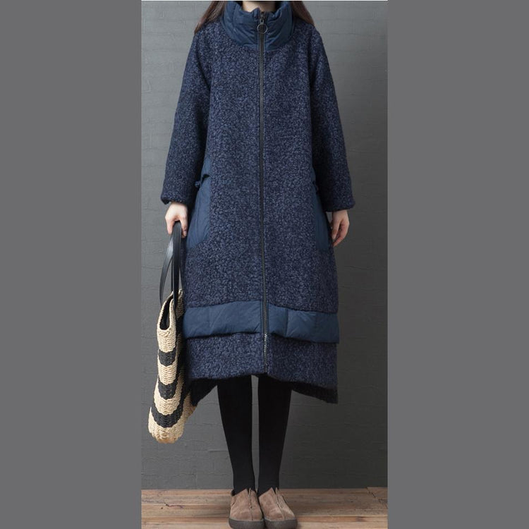 Luxury navy Parkas for women trendy plus size winter stand collar Chinese Button overcoat - Omychic
