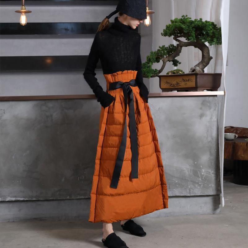 Luxury orange duck down skirts casual high waist winter skirts thick oversize maxi skirts - Omychic