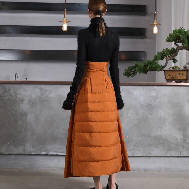 Luxury orange duck down skirts casual high waist winter skirts thick oversize maxi skirts - Omychic