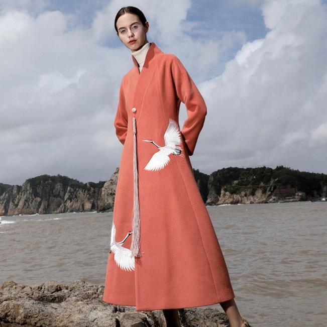 Luxury orange red Woolen Coats trendy plus size Winter coat V neck mbroidery tassel coate - Omychic