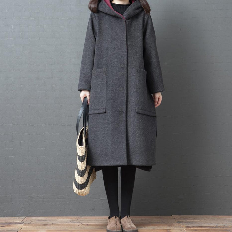 Luxury oversized mid-length coats jacket black hooded side open Woolen Coats - Omychic