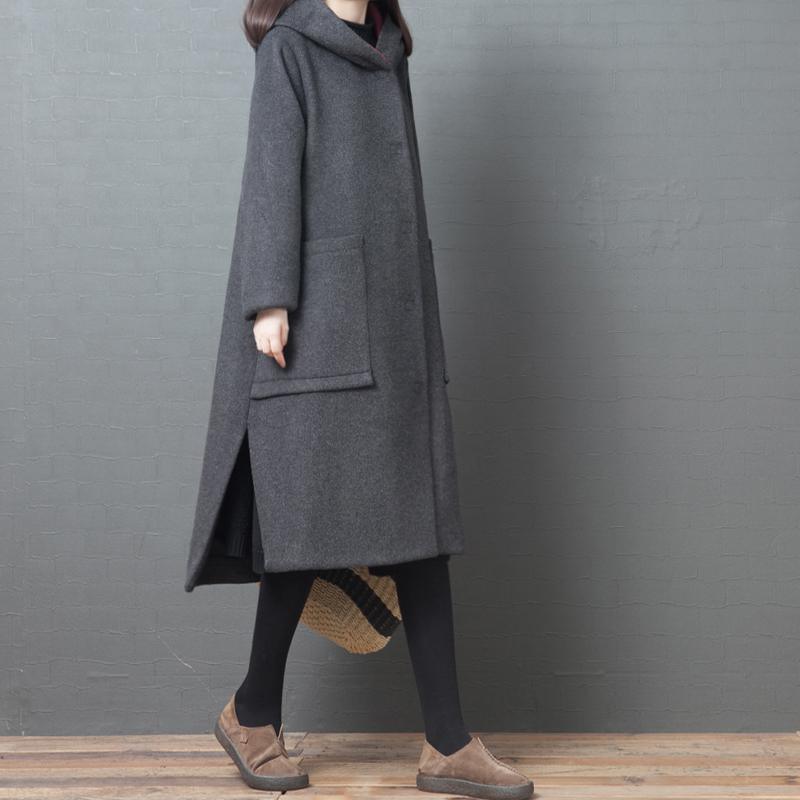 Luxury oversized mid-length coats jacket black hooded side open Woolen Coats - Omychic