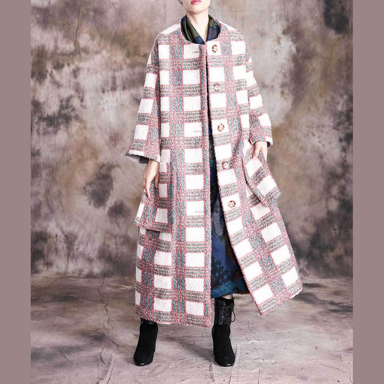 Luxury plus size Coats jackets white plaid Large pockets Woolen Coat Women - Omychic