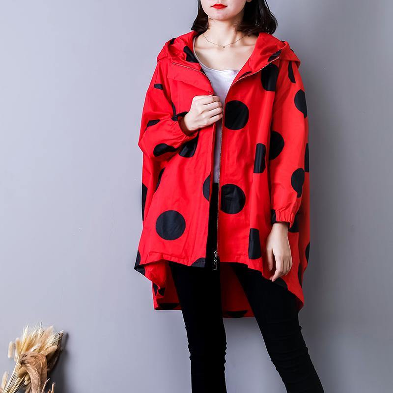 Luxury red dotted maxi coat Loose fitting hooded autumn coat Fine low high design coats - Omychic