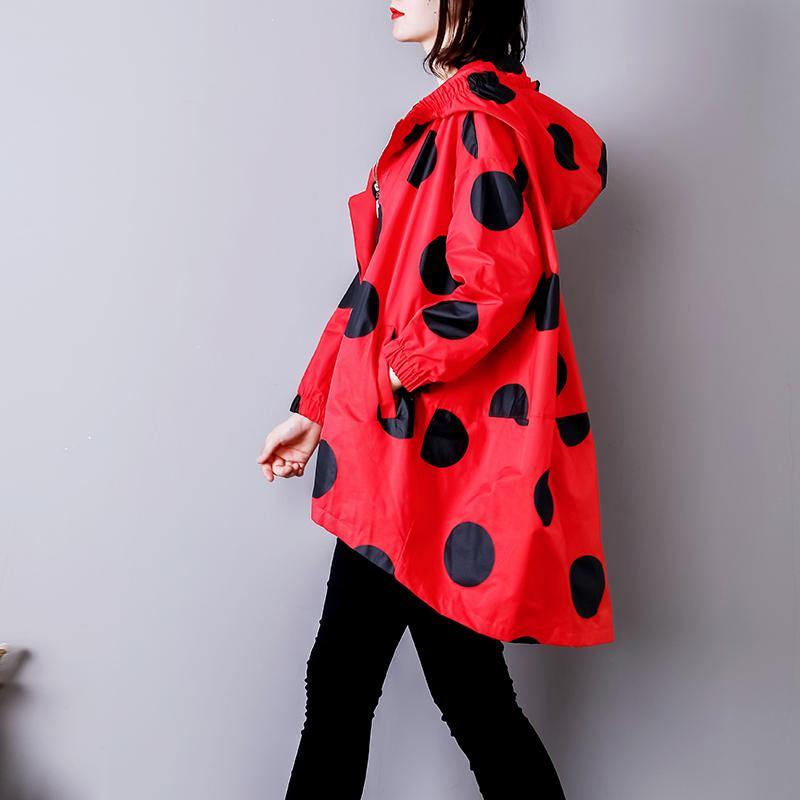 Luxury red dotted maxi coat Loose fitting hooded autumn coat Fine low high design coats - Omychic