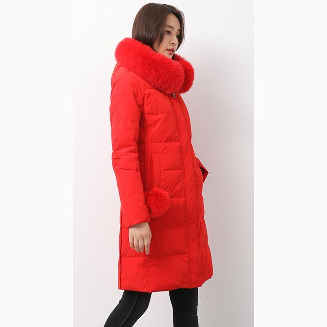 Luxury red warm winter coat plus size clothing fuzzy ball decorated snow jackets fur collar winter outwear - Omychic