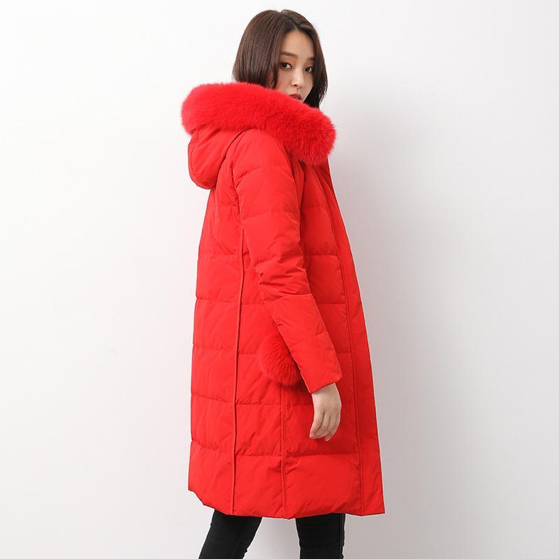 Luxury red warm winter coat plus size clothing fuzzy ball decorated snow jackets fur collar winter outwear - Omychic