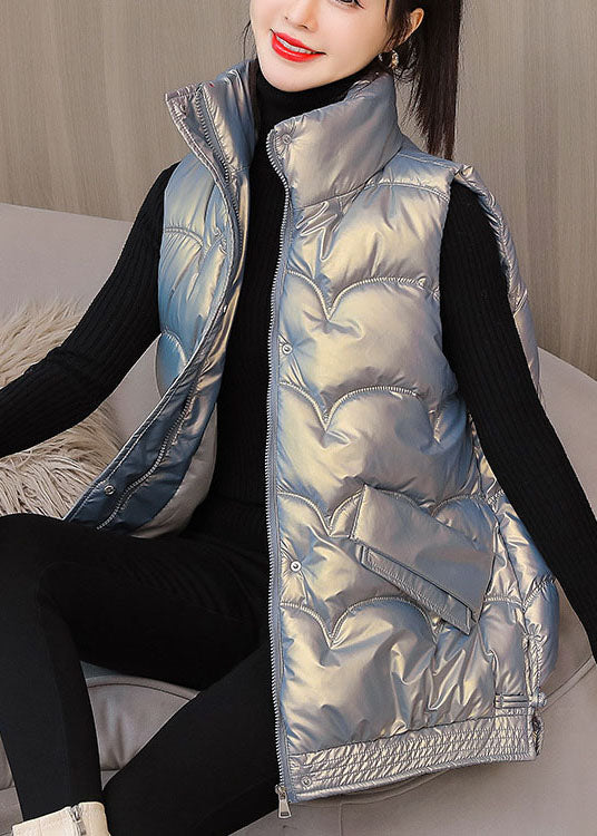 Luxury silver zippered Pockets Winter Sleeveless Puffer Vest