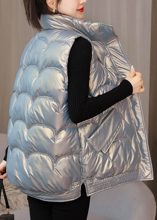 Luxury silver zippered Pockets Winter Sleeveless Puffer Vest