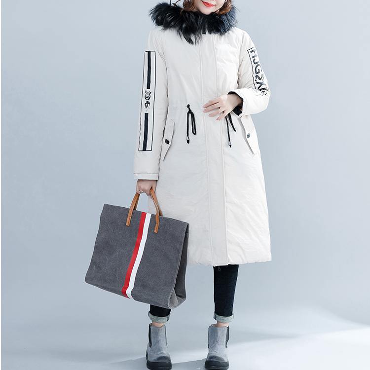 Luxury white Parka Loose fitting hooded fur collar Letter quilted coat Casual tie waist pockets cotton coats - Omychic