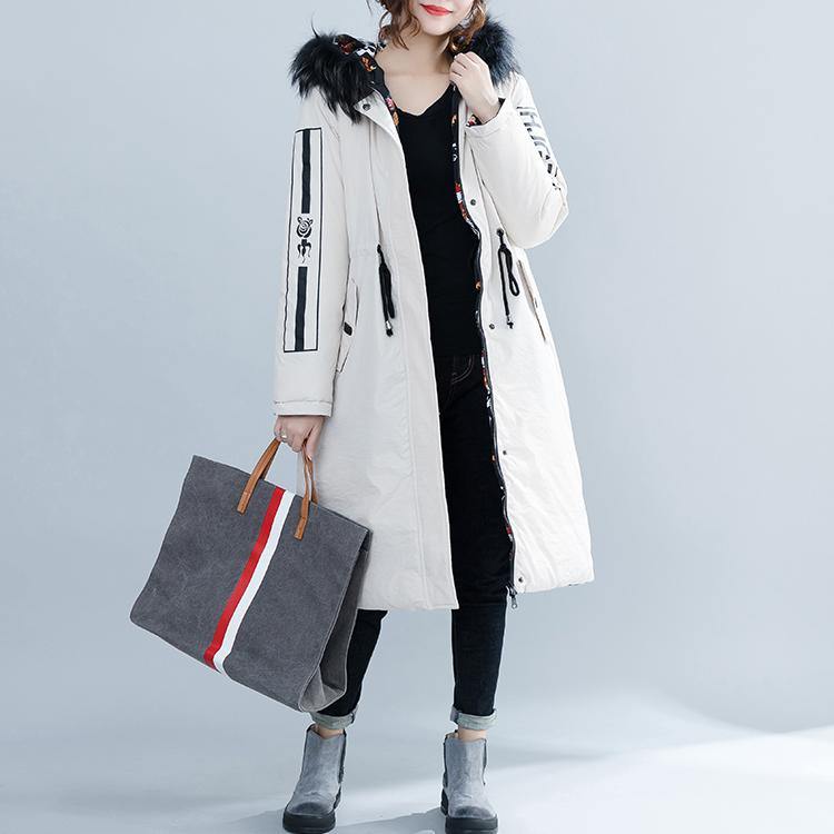 Luxury white Parka Loose fitting hooded fur collar Letter quilted coat Casual tie waist pockets cotton coats - Omychic