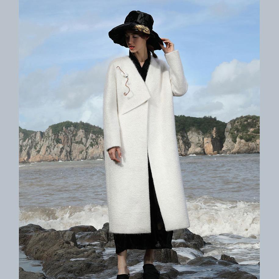 Luxury white Woolen Coats Women oversized long coat V neck pockets outwear - Omychic