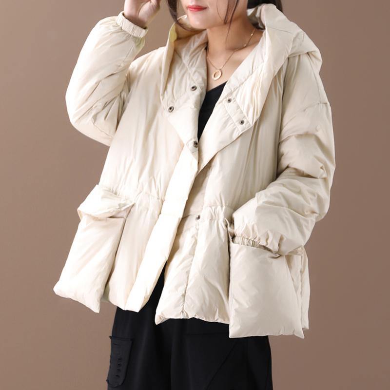 Luxury white warm winter coat Loose fitting winter jacket hooded Jackets big pockets - Omychic