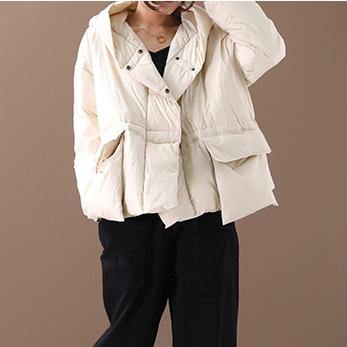 Luxury white warm winter coat Loose fitting winter jacket hooded Jackets big pockets - Omychic