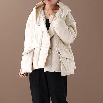 Luxury white warm winter coat Loose fitting winter jacket hooded Jackets big pockets - Omychic