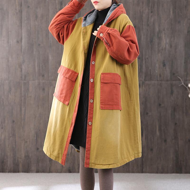 Luxury yellow Parkas oversized coats hooded patchwork coat - Omychic