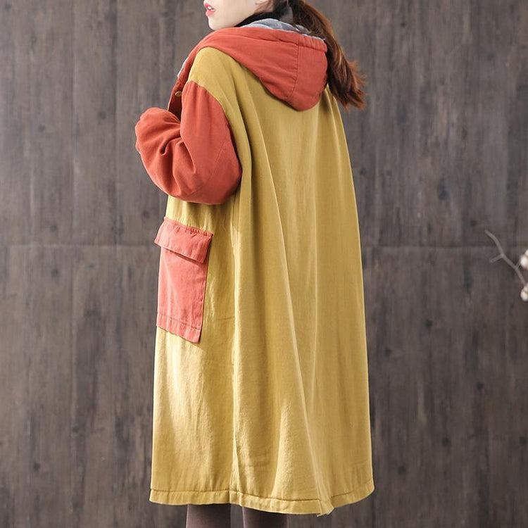 Luxury yellow Parkas oversized coats hooded patchwork coat - Omychic