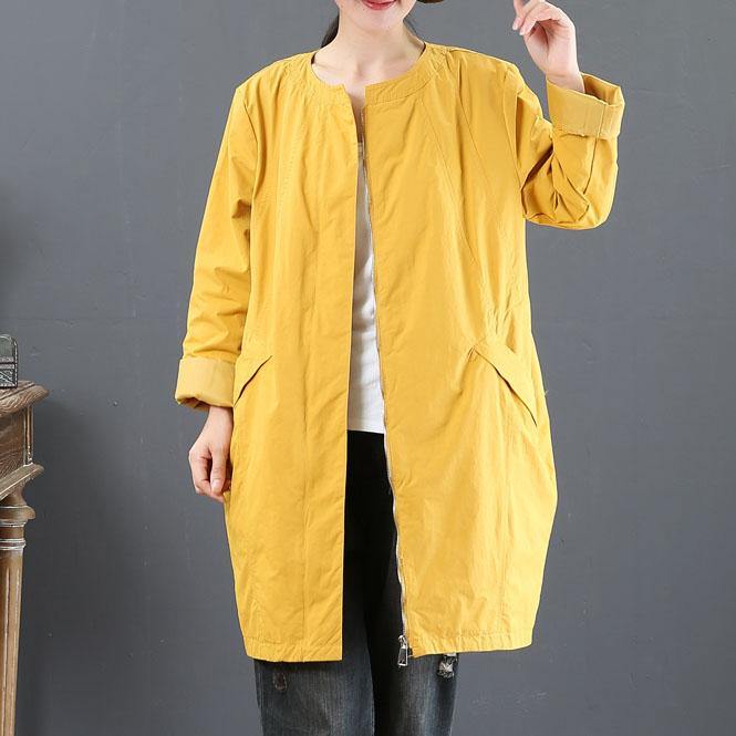 Luxury yellow o neck coats casual coat fall women trench coats zippered - Omychic