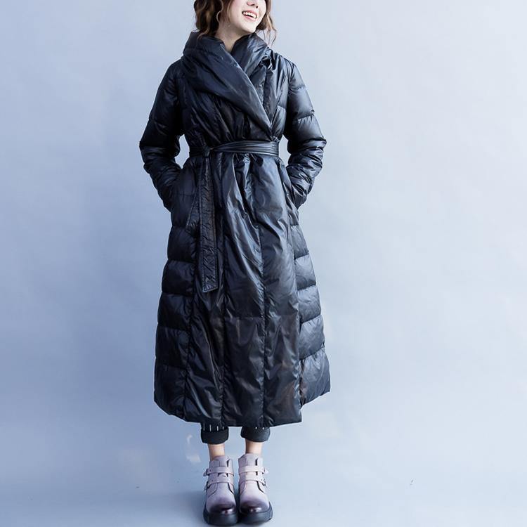 Luxury black Parka Loose fitting tie waist down overcoat women POLO colar winter outwear - Omychic