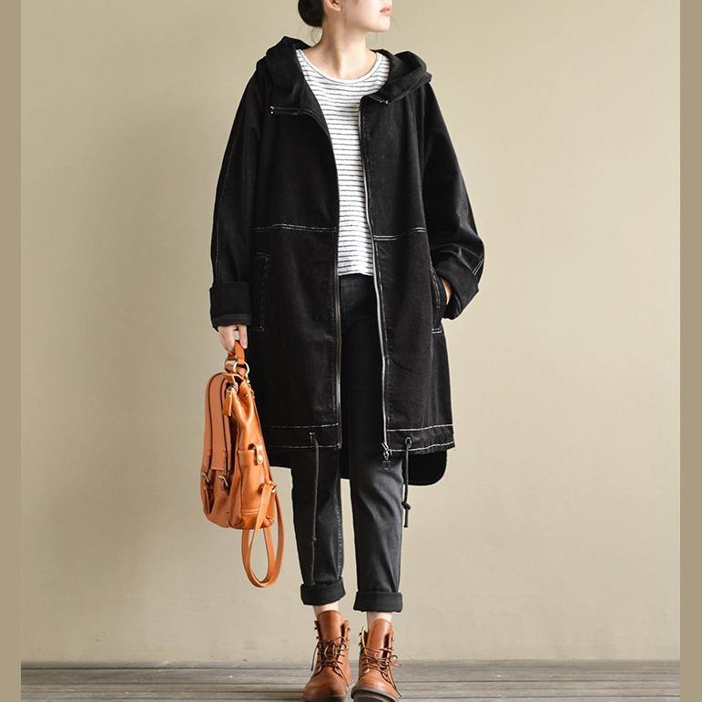 Luxury black trench coat plussize coat boutique coat hooded zippered - Omychic