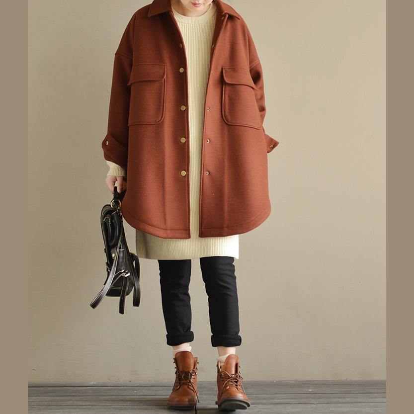 Luxury brown woolen coat Loose fitting casual vintage big pockets outwear - Omychic