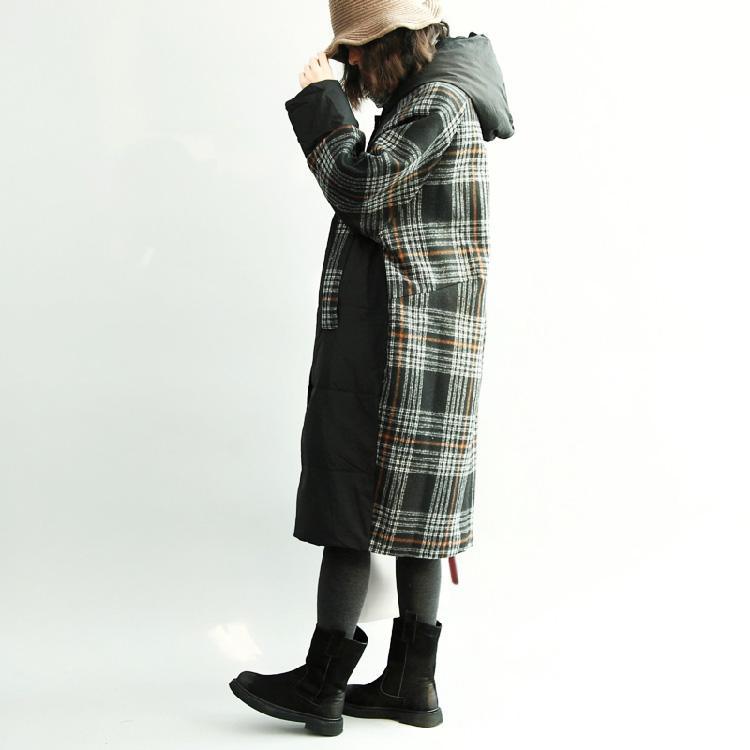 Luxury plaid patchwork down overcoat Loose fitting down overcoat Elegant cotton quilted trench coat - Omychic
