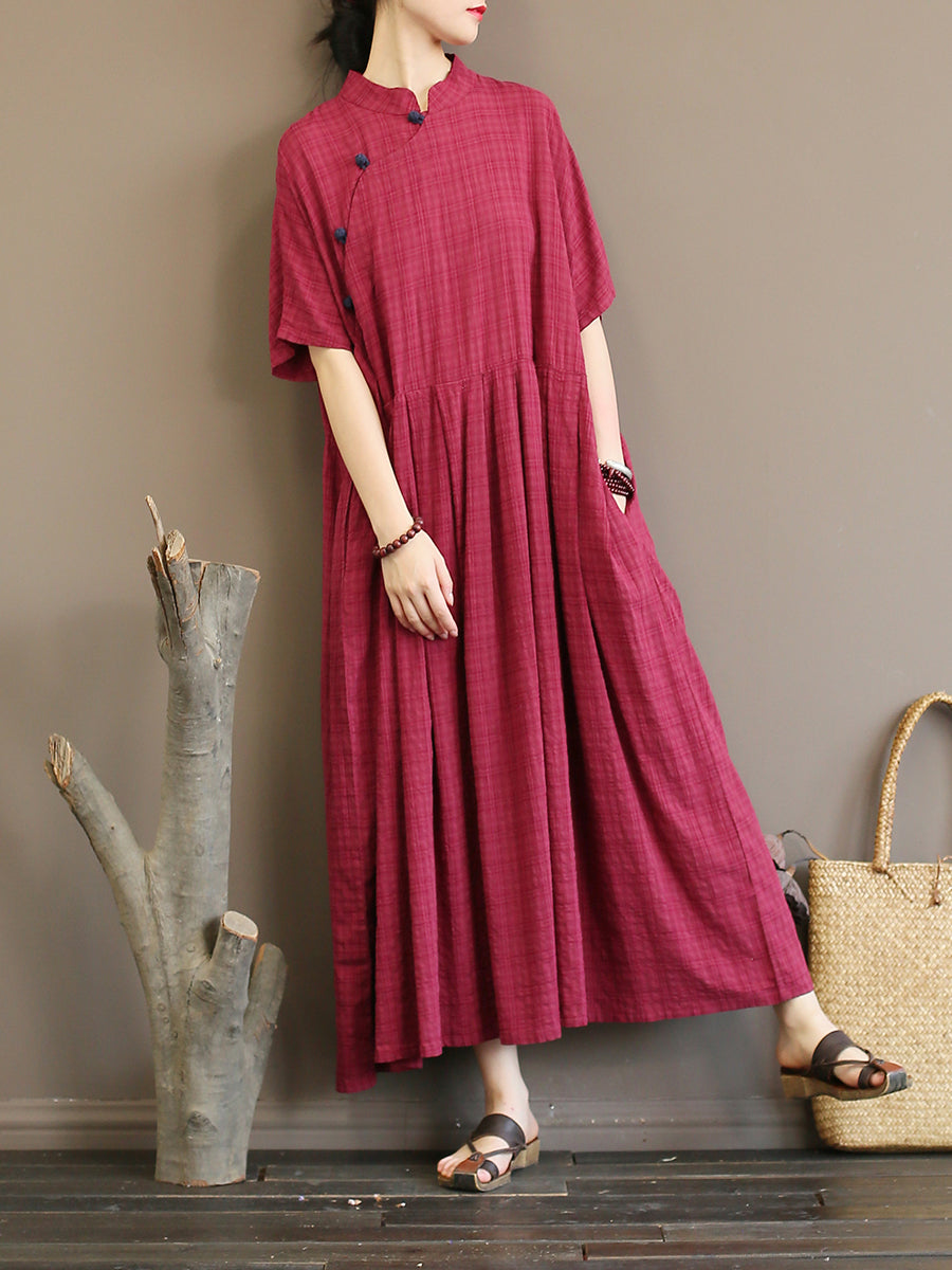 Summer Vintage Pleated Cotton Plaid Dress