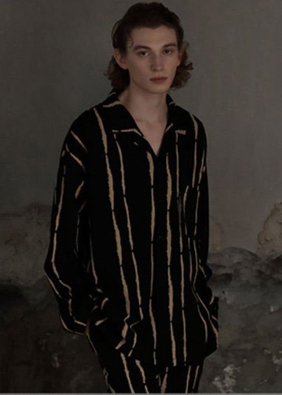 Man Black Yellow Peter Pan Collar Striped Button Cotton Pajamas Two Pieces Set Long Sleeve