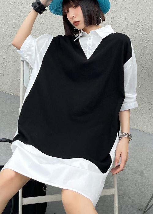 Medium Length Shirt skirt Black And White Splicing Fake Two Piece Dress - Omychic