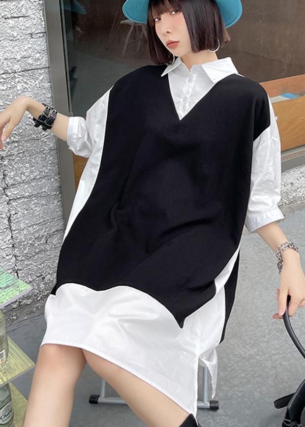 Medium Length Shirt skirt Black And White Splicing Fake Two Piece Dress - Omychic