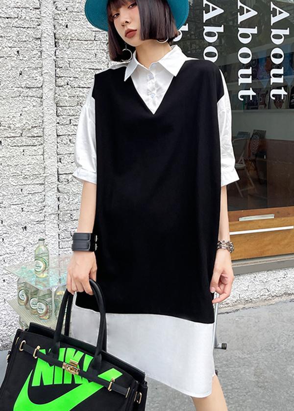 Medium Length Shirt skirt Black And White Splicing Fake Two Piece Dress - Omychic