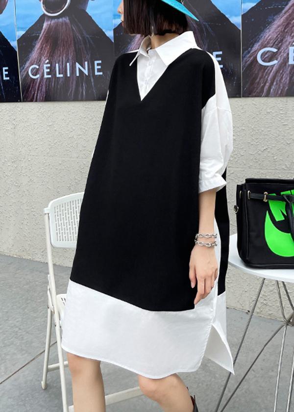 Medium Length Shirt skirt Black And White Splicing Fake Two Piece Dress - Omychic