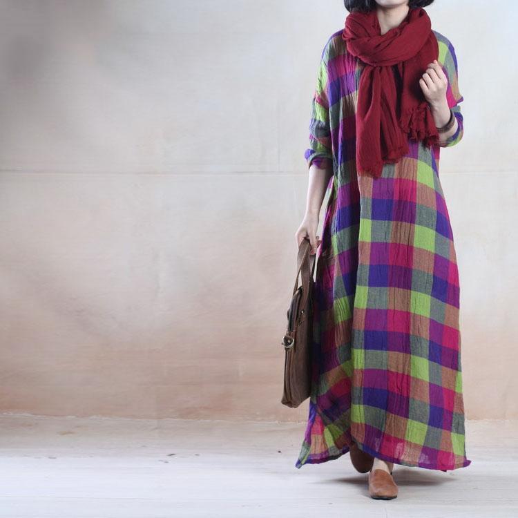 Mixed color plaid long linen gown linen caftan maxi dress - Omychic