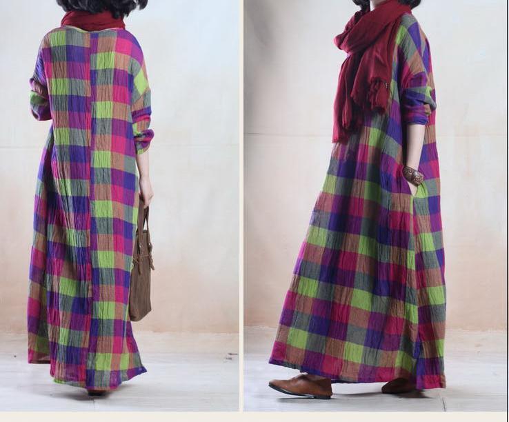 Mixed color plaid long linen gown linen caftan maxi dress - Omychic