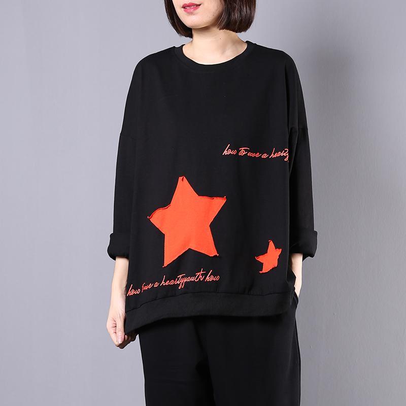 Modern Appliques cotton shirts Sewing black tops fall - Omychic
