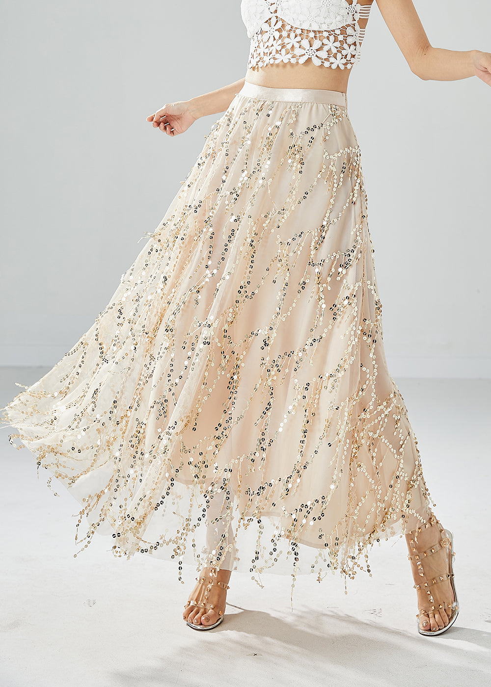 Modern Apricot Sequins Tassel Tulle Skirt Summer Omychic