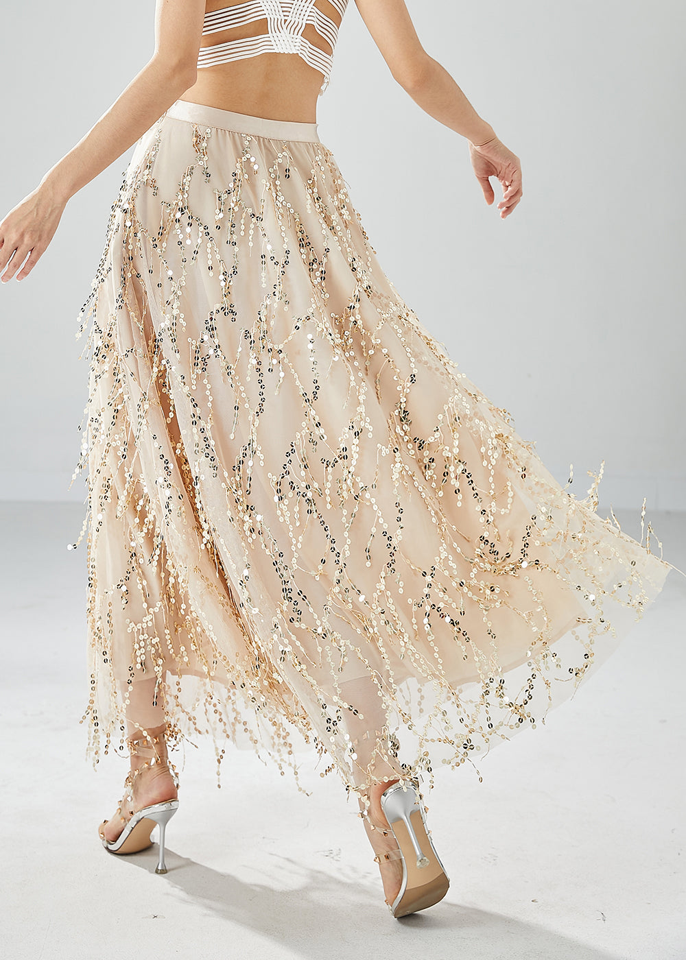 Modern Apricot Sequins Tassel Tulle Skirt Summer