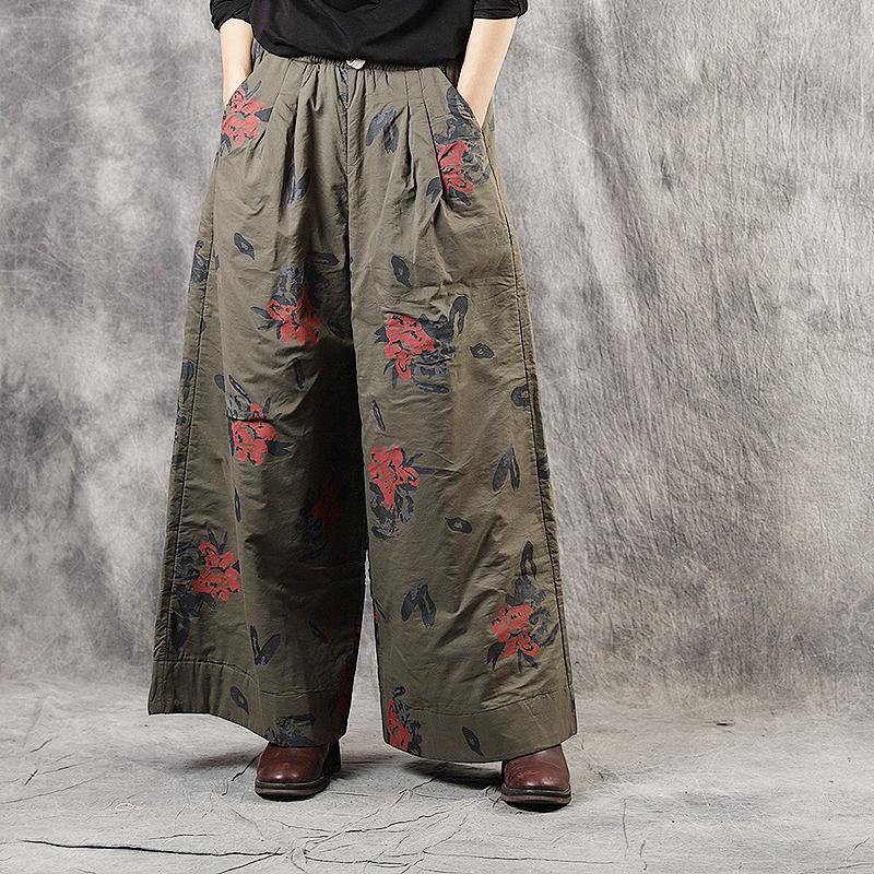 Modern Army Green Pockets Tie Waist Print Fall Wide Leg Pants - Omychic