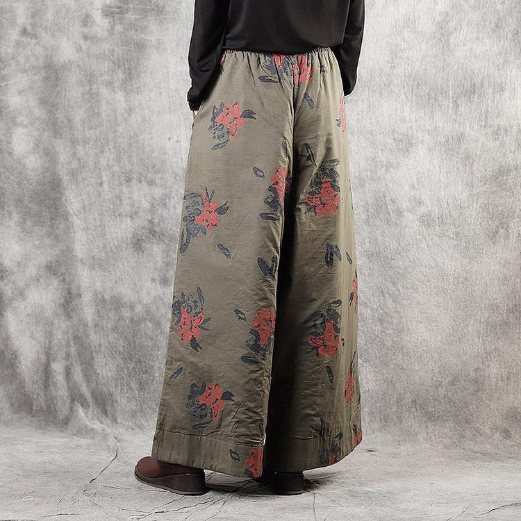 Modern Army Green Pockets Tie Waist Print Fall Wide Leg Pants - Omychic