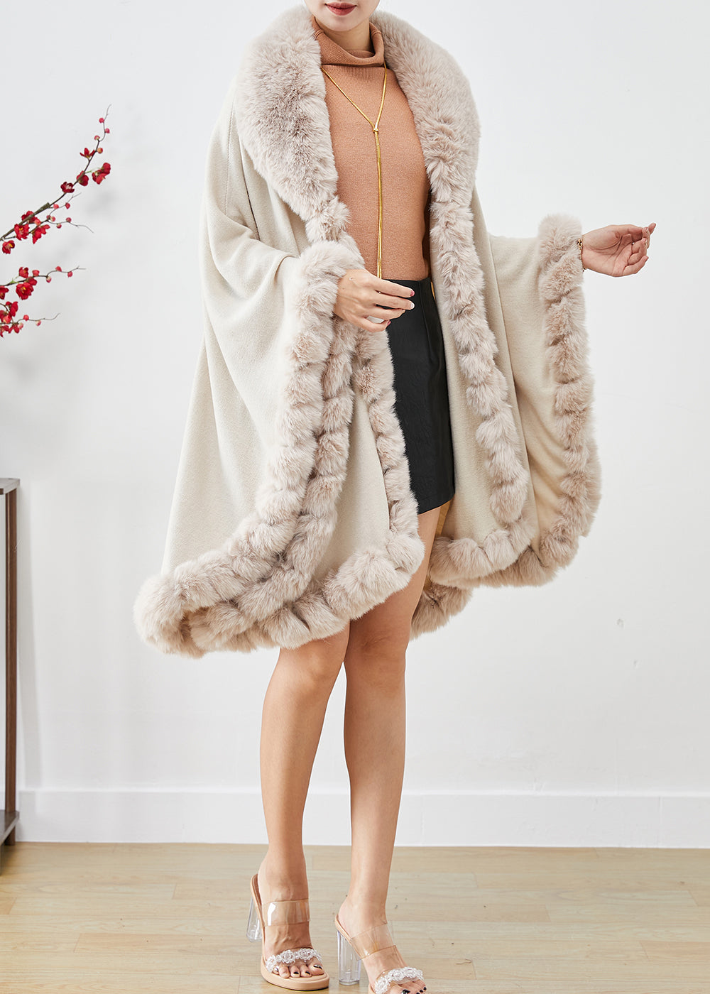 Modern Beige Fur Collar Oversized Patchwork Cotton Cardigan Fall