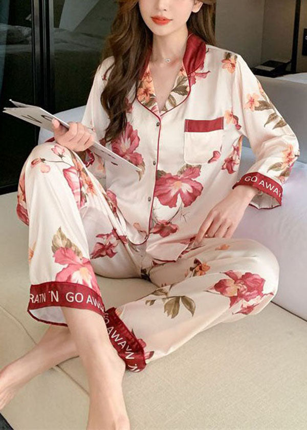 Modern Beige Peter Pan Collar Print Ice Silk Pajamas Two Piece Suit Spring